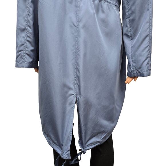Elie Tahari Long Windbreaker Rain Coat Size M Full Zip Pockets Fishtail hem Blue - Picture 11 of 13